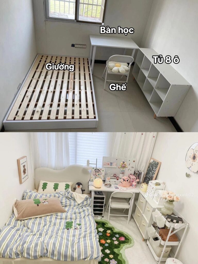 decor phòng trọ đơn giản với giường thấp và kệ treo tường